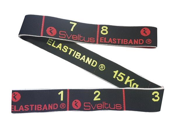 Elastisches Fitnessband Sveltus Elastiband mit Widerstand 15 kg, schwarz mit Markierungen.