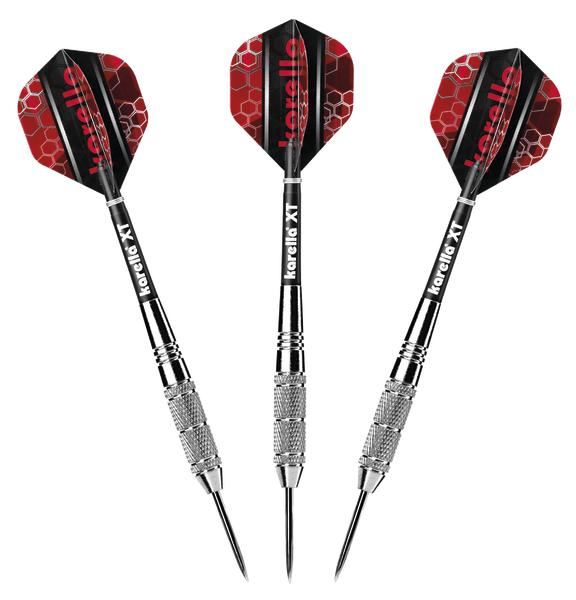 Drei professionelle Darts mit roten Flights und silbernen Spitzen, Marke Korella XT.