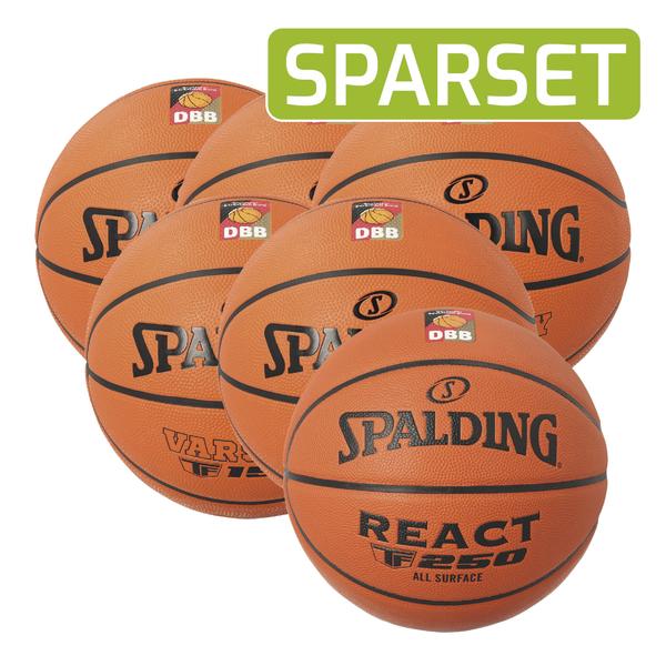 Sparset mit fünf Spalding Basketballs React TF-250 für alle Oberflächen, DBB-Logo sichtbar.