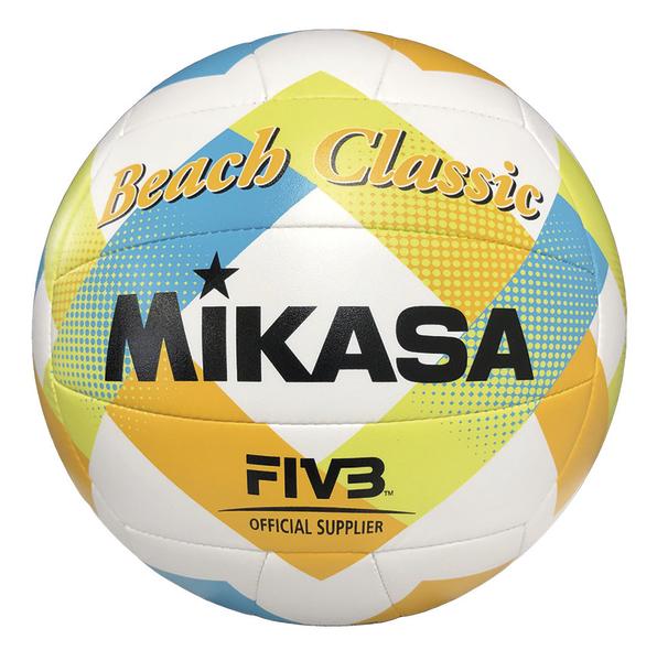 Mikasa Beach Classic Volleyball in Gelb, Blau und Weiß, offizieller FIVB-Ball.