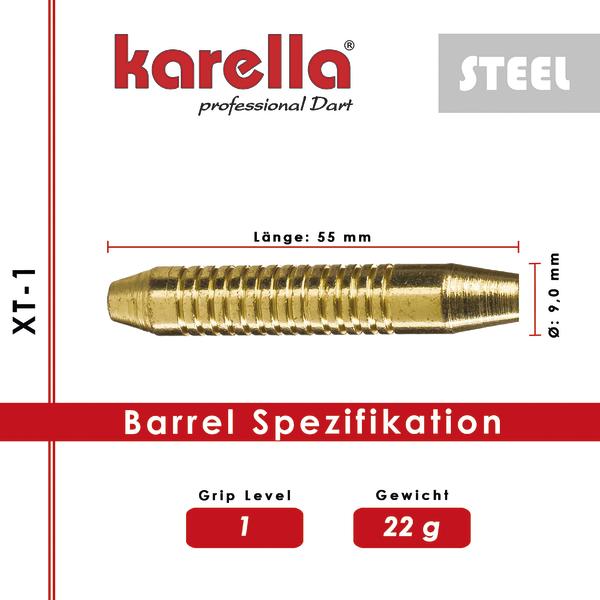 Goldfarbener Dart-Barrel mit 55 mm Länge und 22 g Gewicht, Modell XT-1 von Karella.