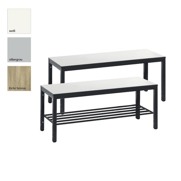 Moderne Umkleidebank mit weißer Tischplatte und schwarzem Metallgestell.