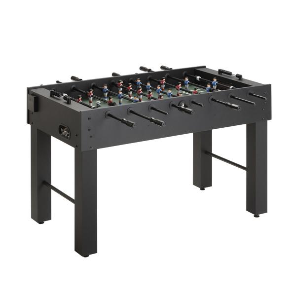 Schwarzer Tischkicker Rapido mit Spielfeld, Spielfiguren und stabilen Standbeinen.