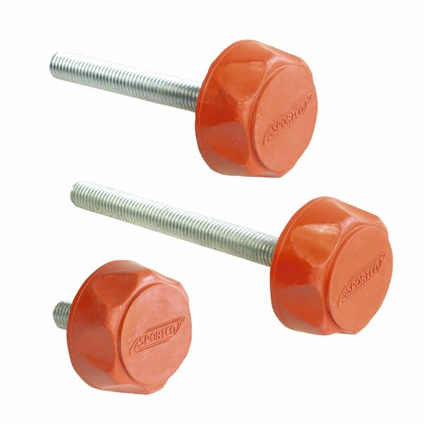 Drei orange Kunststoff-Handmuttern mit Gewindestangen in verschiedenen Größen auf weißem Hintergrund.