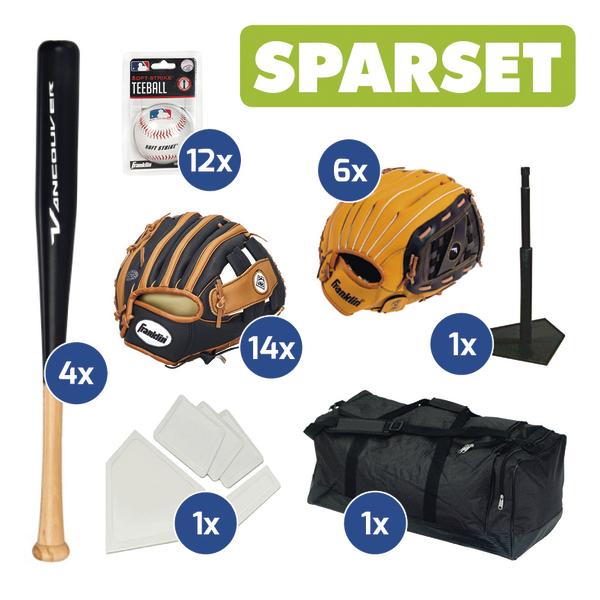Sparset mit Baseballausrüstung bestehend aus Schlägern, Handschuhen, Tee, Bällen, Bases und Sporttasche mit Mengenangaben.