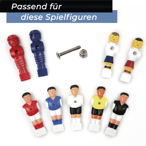 Verschiedene Kickerfiguren in unterschiedlichen Farben sowie passende Schraube und Mutter.