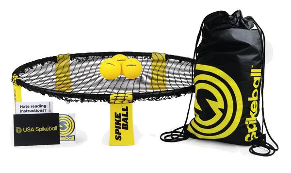Spikeball Set mit Netz, gelben Bällen und Tragetasche für Outdoor-Spielspaß.