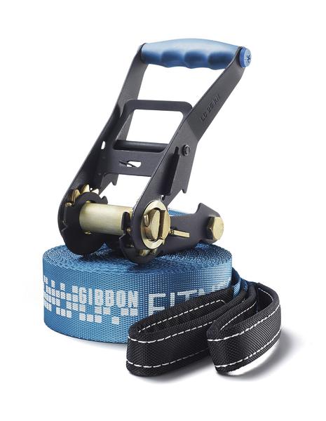 Robuster blauer Ratschen-Spannriemen mit ergonomischem Griff und schwarzer Schlaufe.