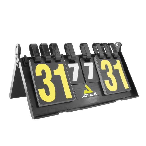 Schwarze Tischtennis-Punktezähltafel mit gelben und weißen Zahlen von JOOLA.