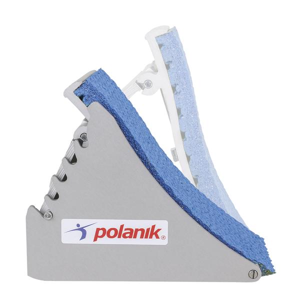 Startblock für Leichtathletik mit blauer Oberfläche und Polanik-Logo auf weißem Hintergrund.