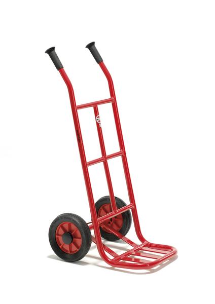 Roter Transportwagen mit zwei Rädern und Griffen für den einfachen Transport schwerer Lasten.