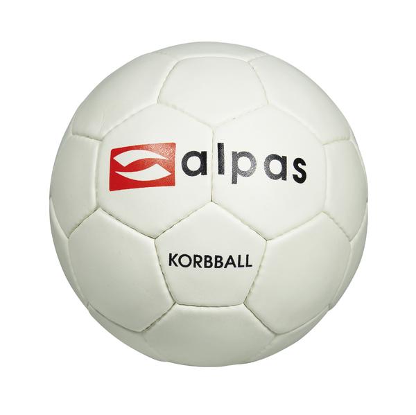 Weißer Korbball mit alpas-Logo und Schriftzug "KORBBALL" auf weißem Hintergrund.