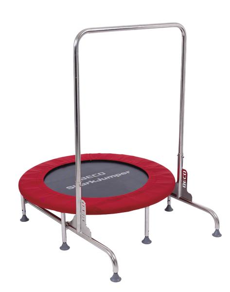 Kleines Fitness-Trampolin mit rotem Rand und Haltegriff für Indoor-Training und Balanceübungen.