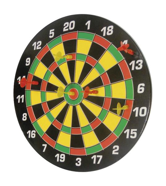 Dartscheibe mit bunten Feldern und mehreren roten und gelben Pfeilen im Spielbereich.