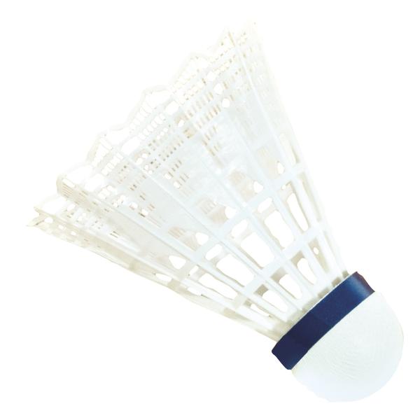 Weißer Kunststoff-Badmintonball mit blauem Ring auf weißem Hintergrund.