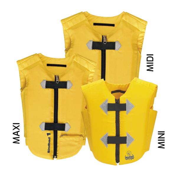 Drei gelbe Schwimmwesten in den Größen Maxi, Midi und Mini mit schwarzem Reißverschluss.