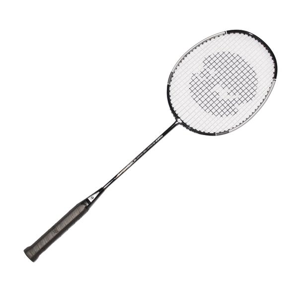 Badmintonschläger mit schwarzem Griff und weißem Bespannungsnetz auf weißem Hintergrund