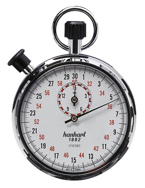 Präzise Hanhart Stoppuhr mit weißem Zifferblatt und schwarzem Drücker für Zeitmessung.