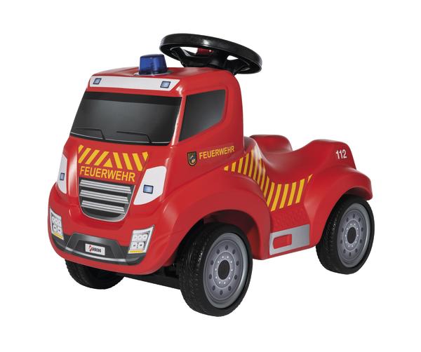 Rotes Kinderfahrzeug in Feuerwehr-Design mit Lenkrad und Blaulicht, Spielzeugauto für Kleinkinder.