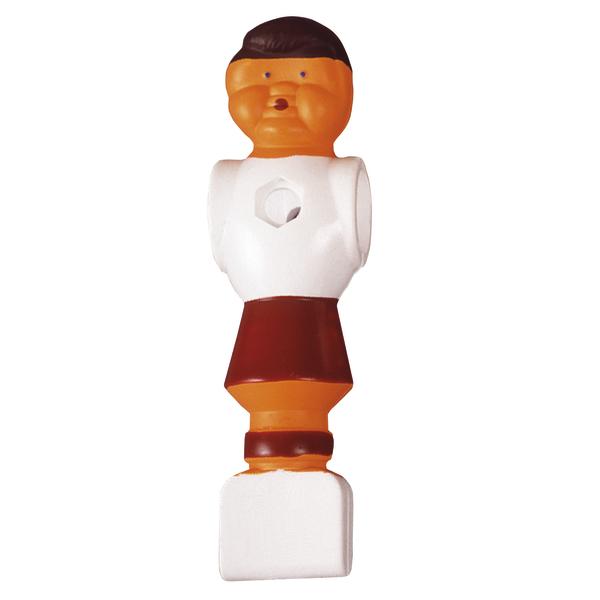Kunststoff-Fußballtischfigur in Orange, Weiß und Braun mit Schraubenaufnahme.
