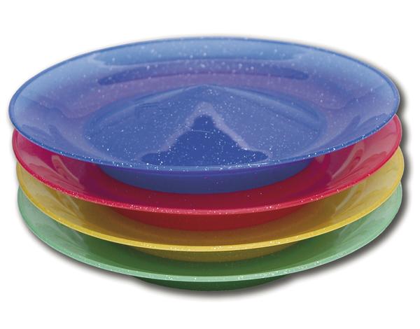 Bunte stapelbare Jonglierteller in Blau, Rot, Gelb und Grün.