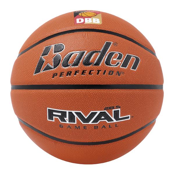 Basketball Baden Rival Game Ball mit DBB-Logo, orange und schwarz, Nahaufnahme.