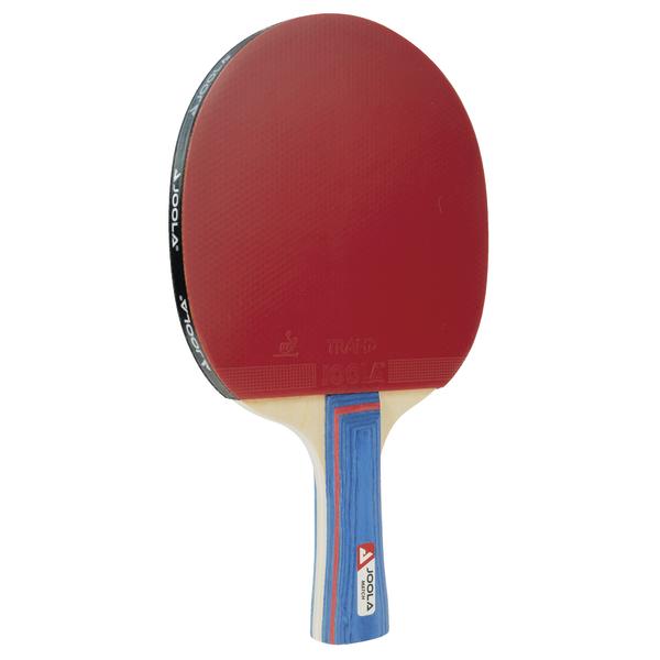 Tischtennisschläger mit rotem Belag und blau-weißem Griff, freigestellt auf weißem Hintergrund.