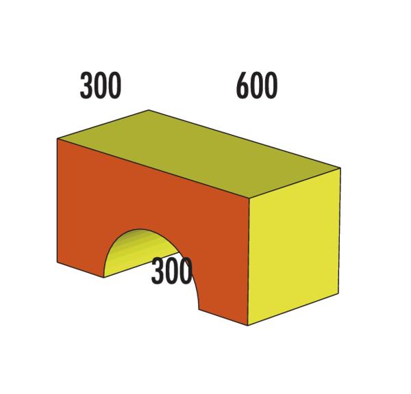 3D-Block mit Maßen 600x300x300 und halbkreisförmiger Aussparung, farbig dargestellt.