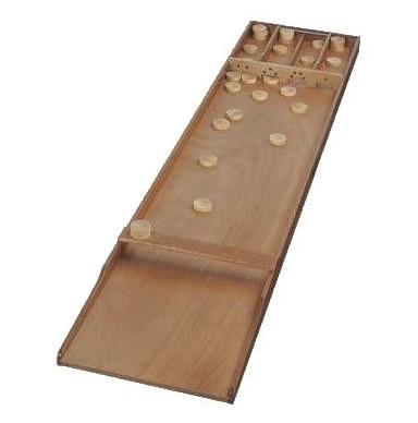 Jakkolo Holzspiel mit Spielsteinen auf weißem Hintergrund.