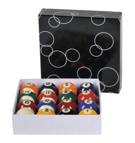 Billiardkugeln im Set mit nummerierten farbigen Kugeln in einer weißen Schachtel und schwarzem Deckel.
