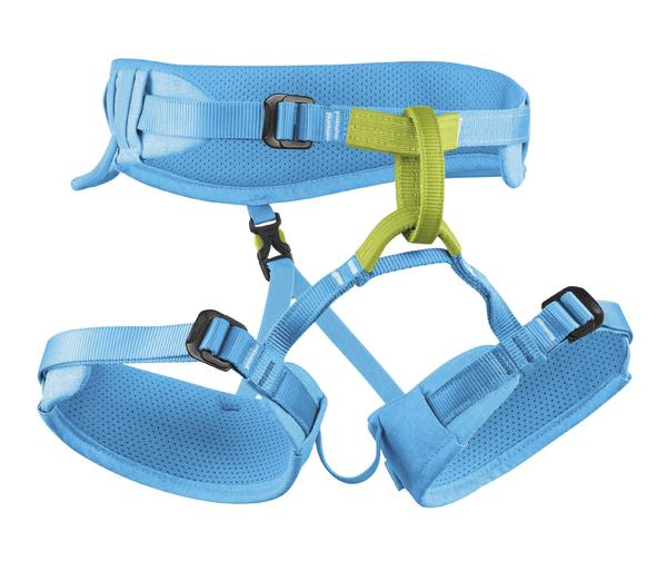 Klettergurt in Blau mit gepolsterten Beinschlaufen und verstellbaren Schnallen für Bergsteigen.