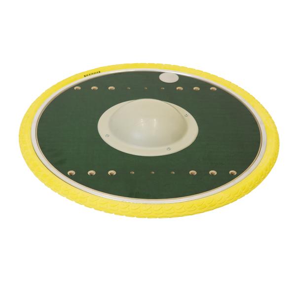 Rundes Balancierbrett mit gelbem Rand und grünem Spielfeld für Gleichgewichtstraining.