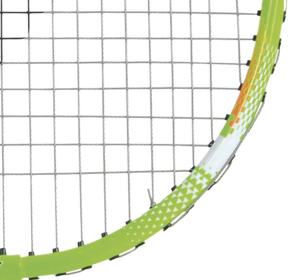 Nahaufnahme eines Badmintonschlägers in grüner Farbe.