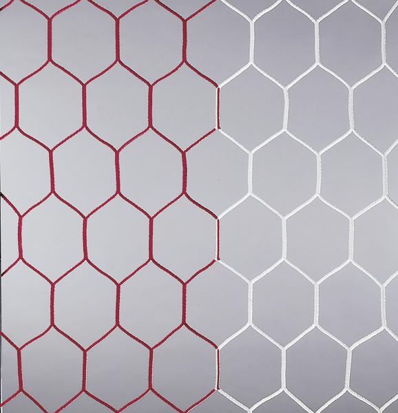 Rotes und weißes sechseckiges Netzmuster auf grauem Hintergrund, symmetrisch angeordnet.