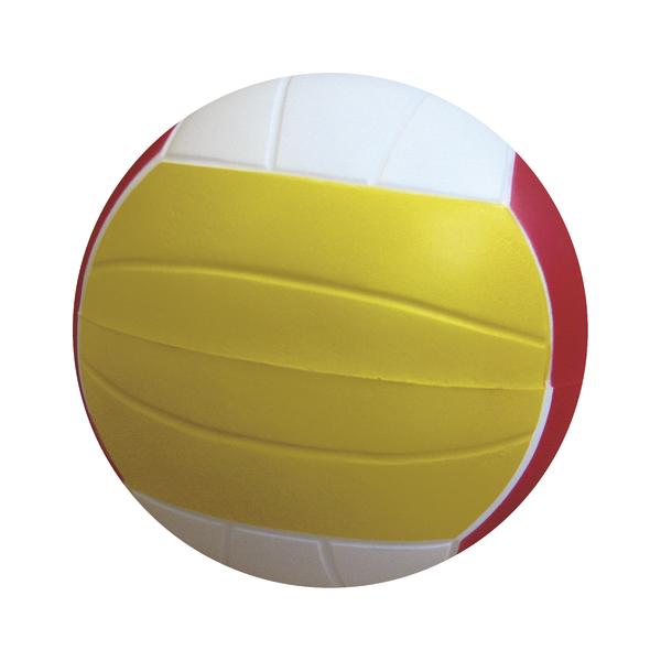 Volleyball in den Farben Weiß, Gelb und Rot, Nahaufnahme auf weißem Hintergrund.