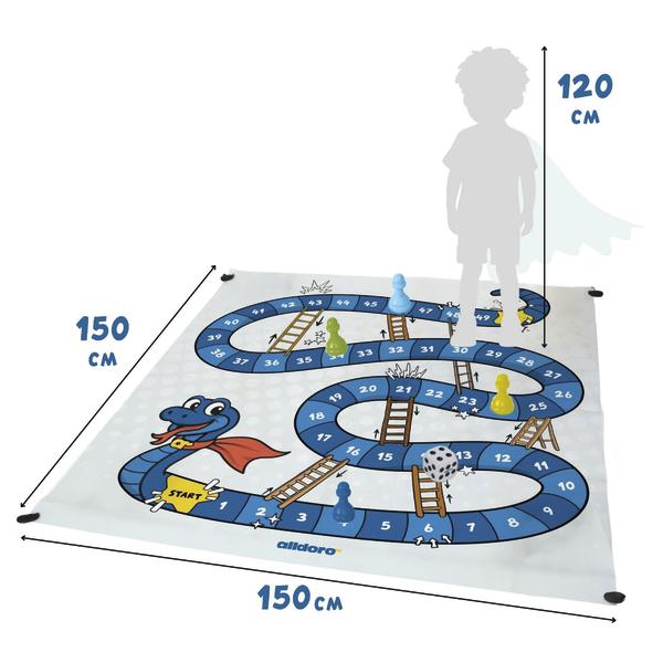 Große Spielmatte im Leiterspiel-Design mit Maßangaben 150 × 150 cm im Vergleich zu einer Kinder-Silhouette.
