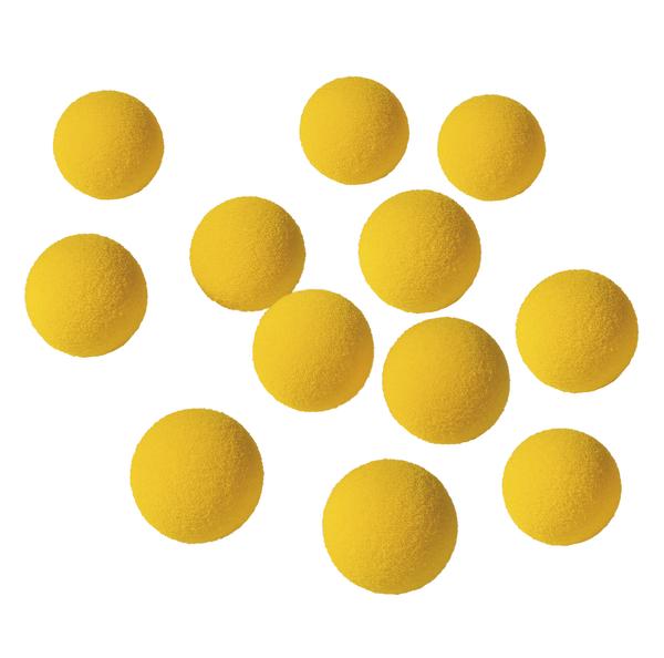 Zwölf gelbe Softtischtennisbälle auf weißem Hintergrund.