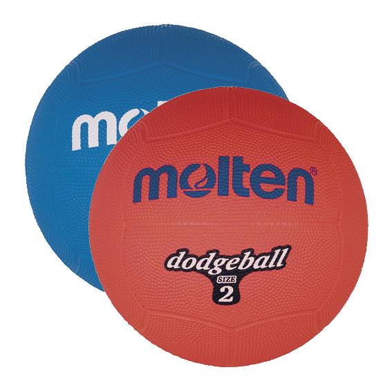 Zwei Molten Dodgeball Bälle in Rot und Blau, Größe 2, für Völkerballspiele.