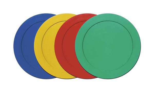 Bunte Kunststoff-Scheiben in Blau, Gelb, Rot und Grün, übereinander angeordnet.