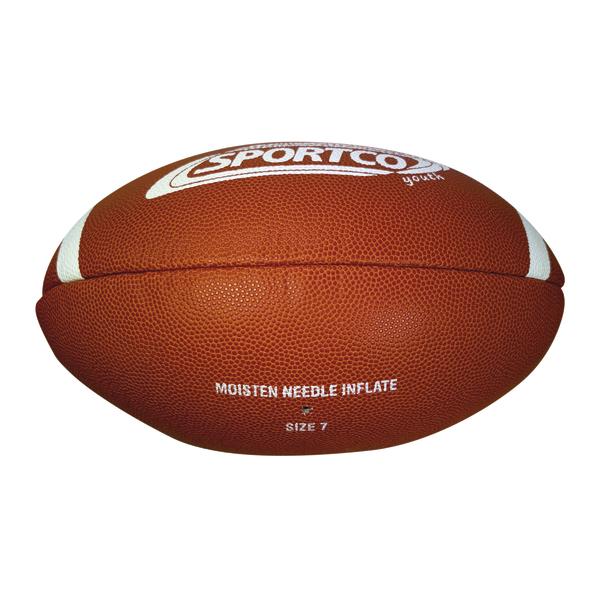 Seitenansicht eines braunen SPORTCO Youth Gummi-Footballs mit genoppter Oberfläche, weißen Streifen und klassischer American-Football-Form