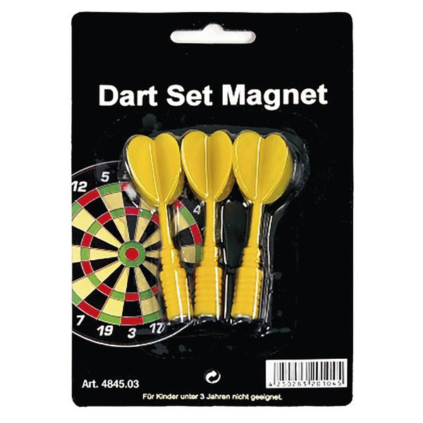 Magnetisches Dart-Set mit drei gelben Pfeilen auf schwarzer Verpackung und Dartscheiben-Motiv.