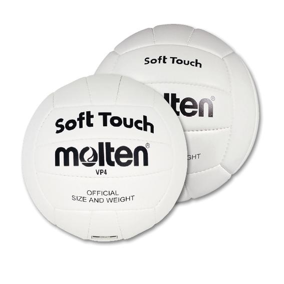 Zwei weiße Molten Soft Touch Volleyballbälle in offizieller Größe und Gewicht.