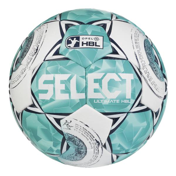 Türkis-weißer Handball mit grafischem Muster und den Aufschriften „SELECT“, „Ultimate HBL“ sowie dem „Opel HBL“-Logo.