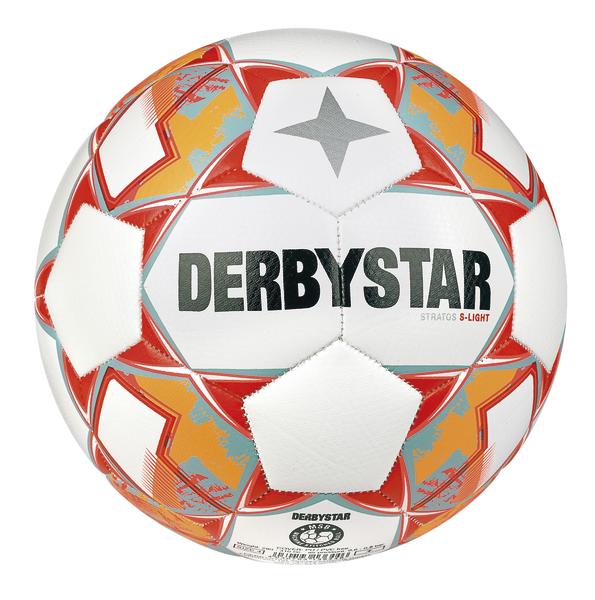 Derbystar Fußball Stratos S-Light in Weiß mit roten und orangen Sternmustern.