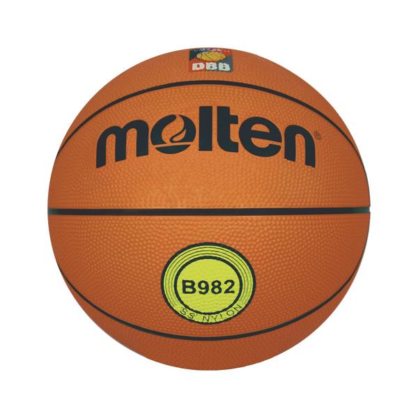Basketball Molten B982 aus Nylon mit orangefarbener Oberfläche und schwarzem Logo.