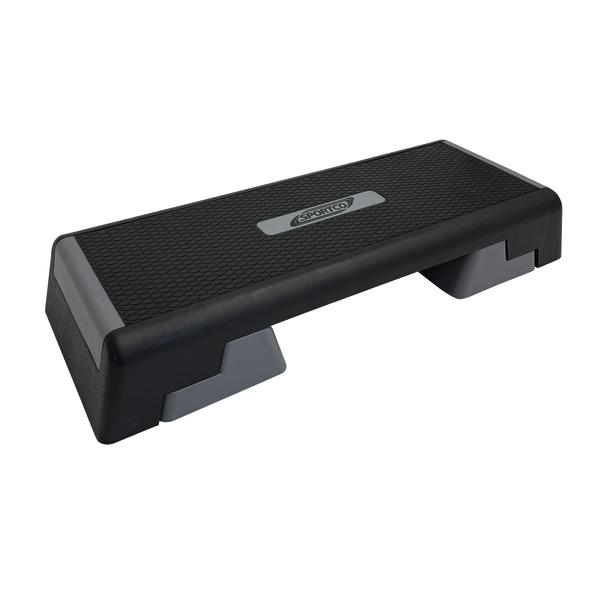 Stepper für Fitnessübungen, rutschfeste Oberfläche, schwarz-graues Design, Trainingsgerät.