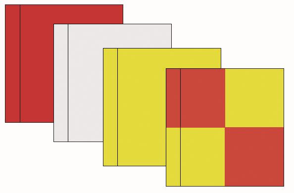 Vier quadratische Flächen in Rot, Weiß, Gelb und ein gemischtes Rot-Gelb-Muster.