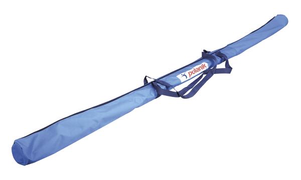Blaue Transporttasche für Speere mit Tragegriff und Polanik-Logo, lang und schmal.