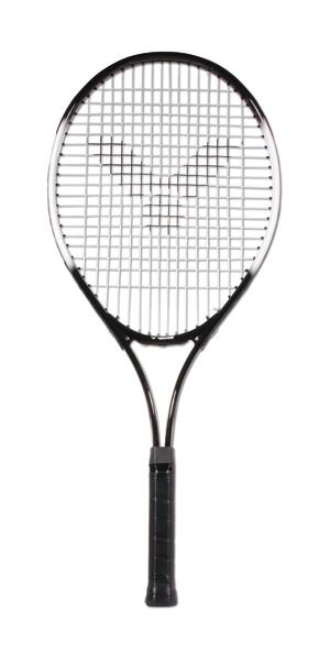 Tennisschläger mit schwarzem Griff und weißen Saiten vor weißem Hintergrund.