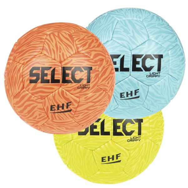 SELECT Light Grippy Handball mit EHF-Logo in blau, gelb und orange mit strukturierter Oberfläche für Training, Schulsport und Vereinssport Gruppenbild